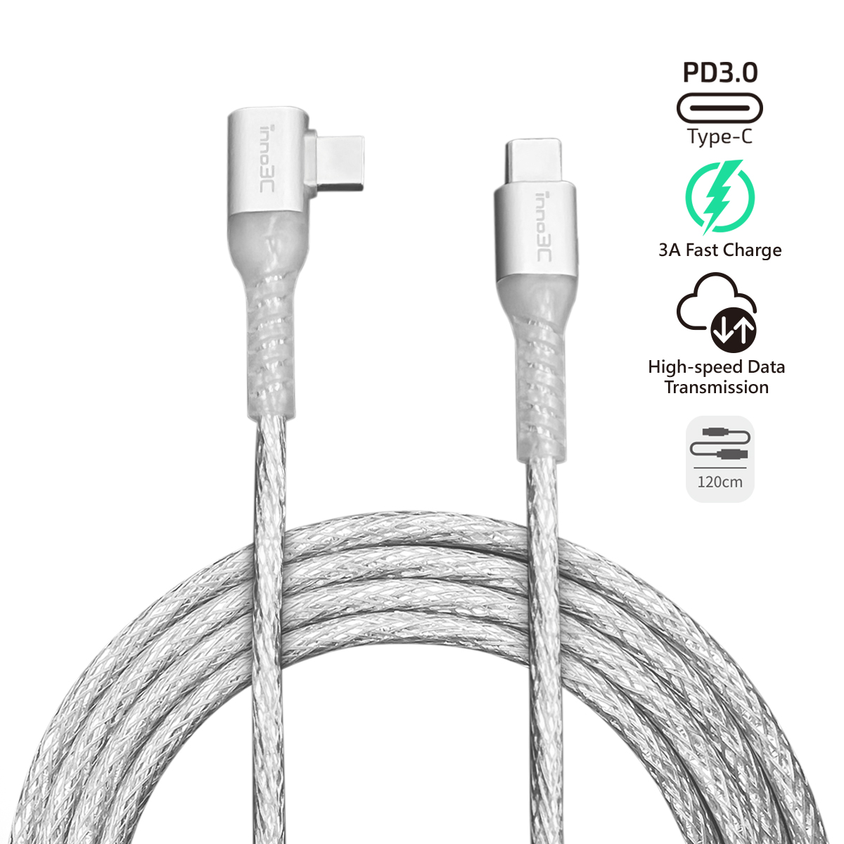 inno3C i-60C-12 Type-C to Type-C 60W L-shape Cable (Transparent Silver), , small image number 0